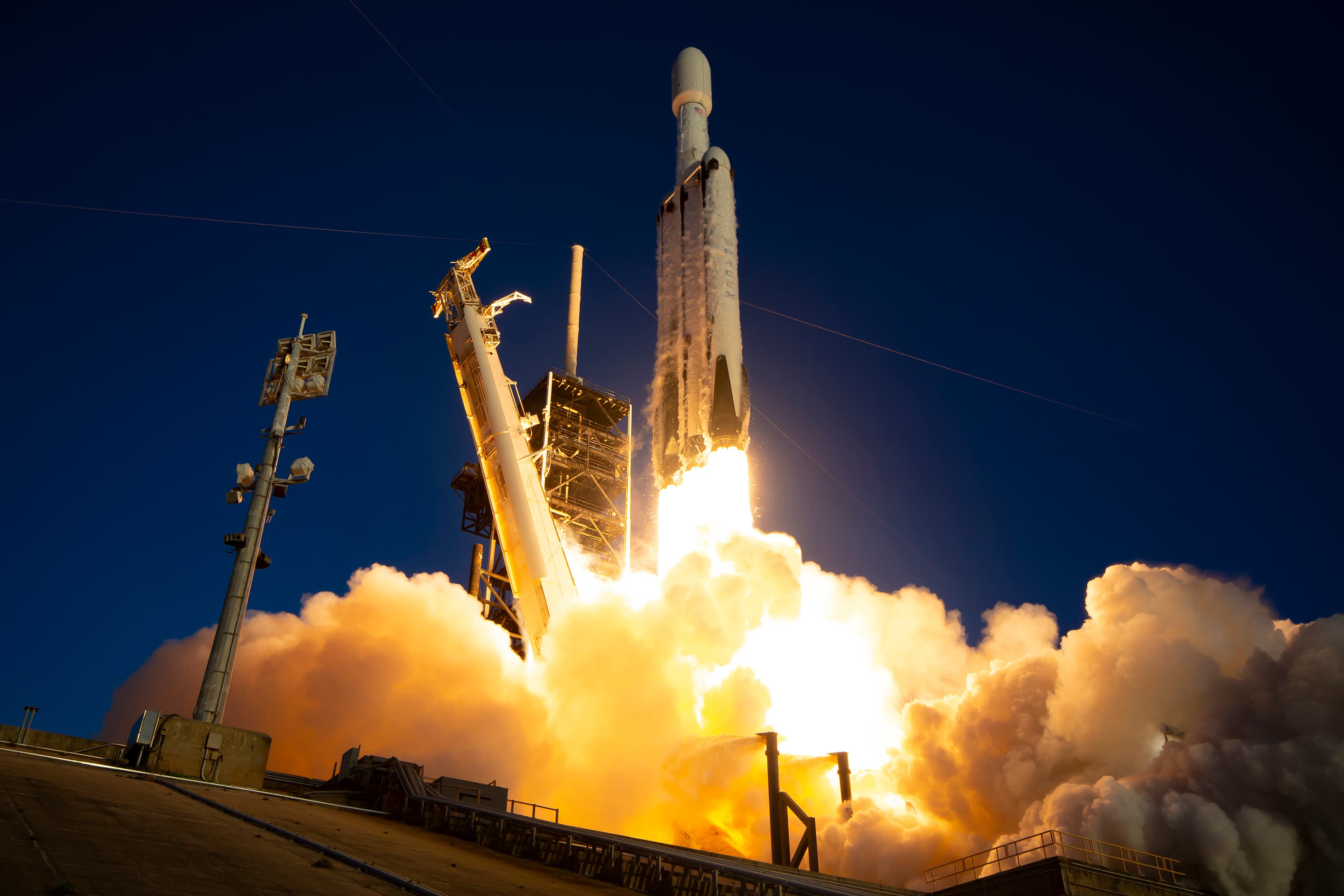Liftoff of NASA's Nancy Grace Roman Space Telescope aboard a SpaceX Falcon Heavy rocket. (Credit: SpaceX)